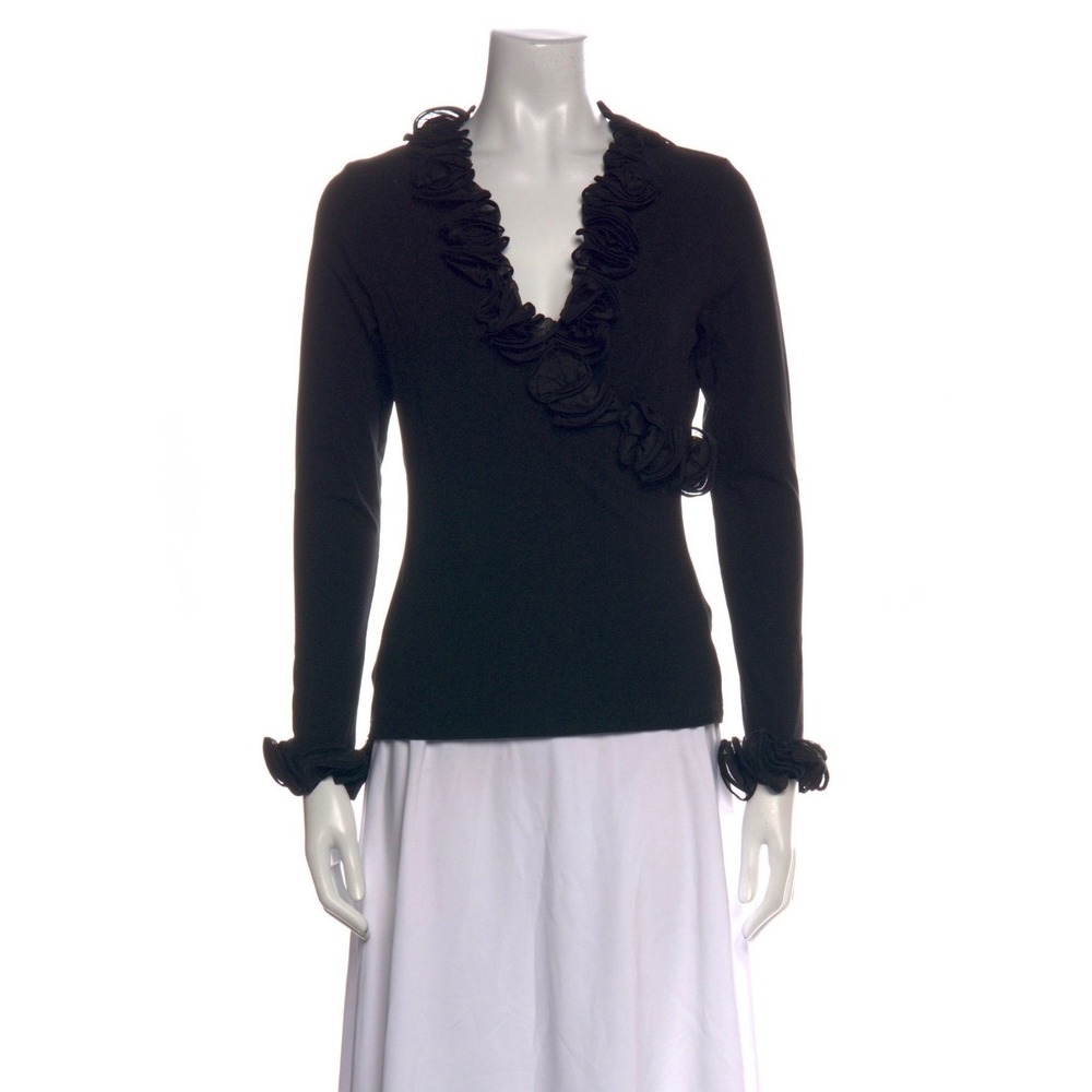 Anne Fontaine Paris Black Rosette Ruffle V-Neck Long Sleeve Top Size 42
